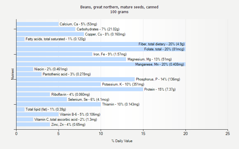 % Daily Value for Beans, great northern, mature seeds, canned 100 grams 