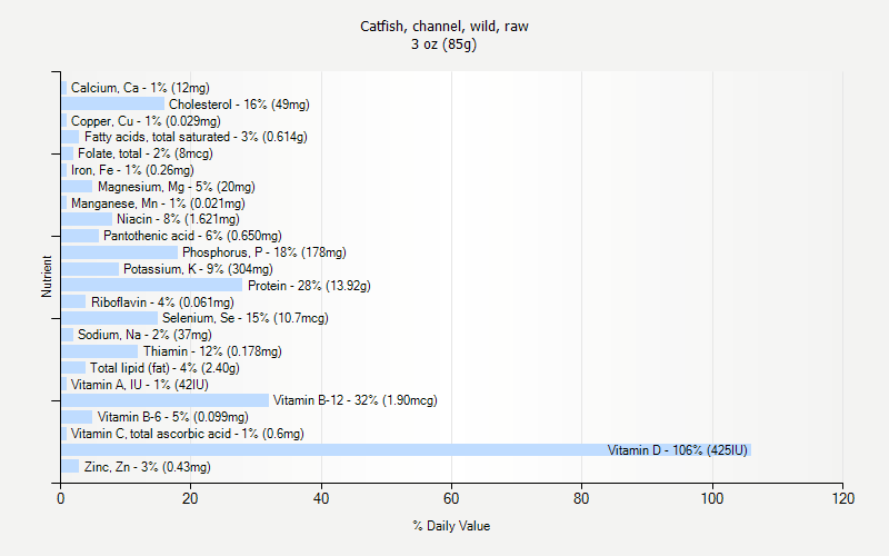 % Daily Value for Catfish, channel, wild, raw 3 oz (85g)