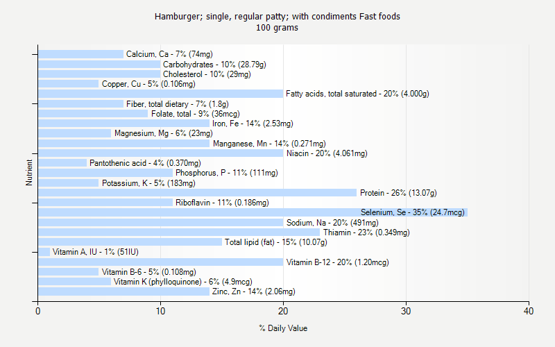 % Daily Value for Hamburger; single, regular patty; with condiments Fast foods 100 grams 