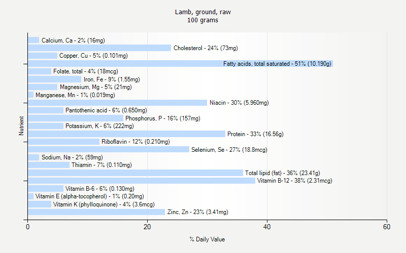 % Daily Value for Lamb, ground, raw 100 grams 