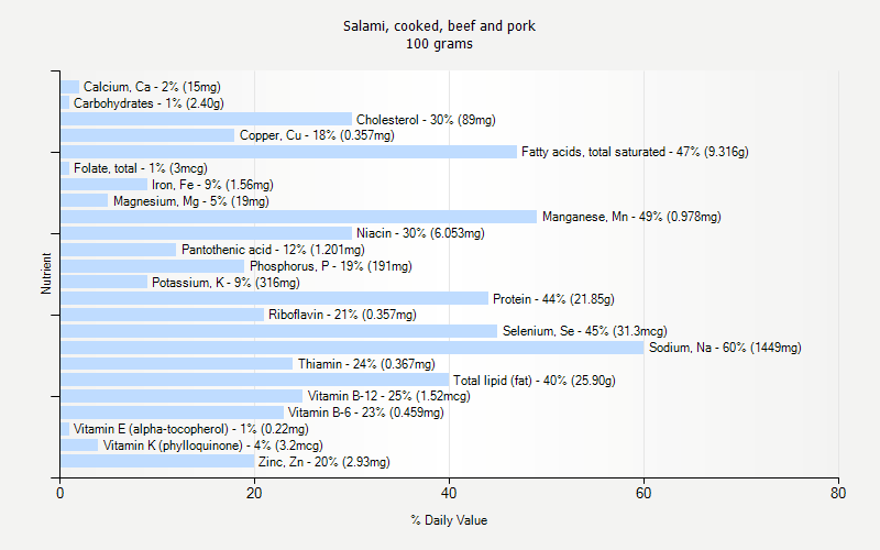 % Daily Value for Salami, cooked, beef and pork 100 grams 