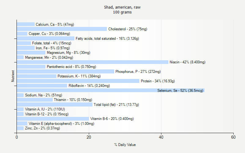 % Daily Value for Shad, american, raw 100 grams 