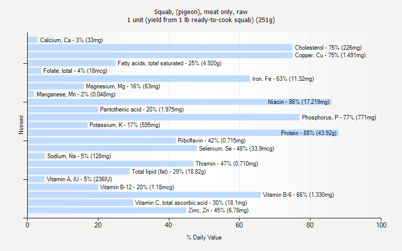 % Daily Value for Squab, (pigeon), meat only, raw 1 unit (yield from 1 lb ready-to-cook squab) (251g)